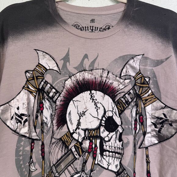 Konquest Shirt Mens Medium Skull Metallic Feather Warrior Tee Tshirt Y2K Grunge - Picture 5 of 11